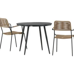 Parvekeryhmä Venture Home, ø90cm, musta Break-pöytä + 2 ruskeaa Lindos-tuolia, käsinojilla