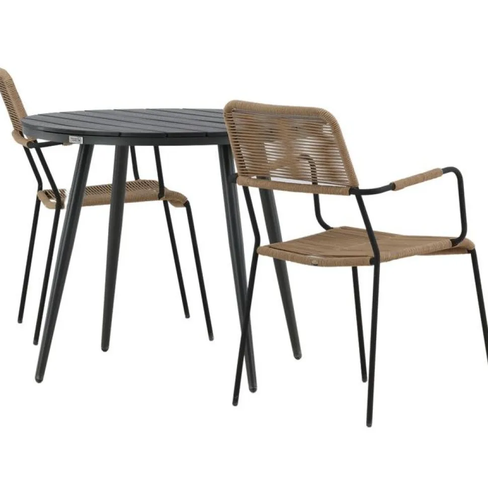 Parvekeryhmä Venture Home, ø90cm, musta Break-pöytä + 2 ruskeaa Lindos-tuolia, käsinojilla