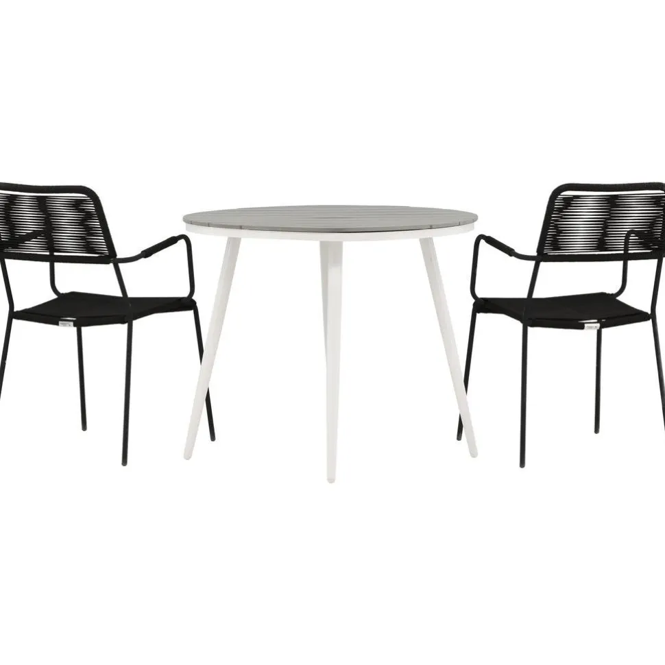 Parvekeryhmä Venture Home, ø90cm, musta Break-pöytä + 2 ruskeaa Lindos-tuolia, käsinojilla