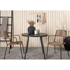 Parvekeryhmä Venture Home, ø90cm, musta Break-pöytä + 2 ruskeaa Lindos-tuolia, käsinojilla