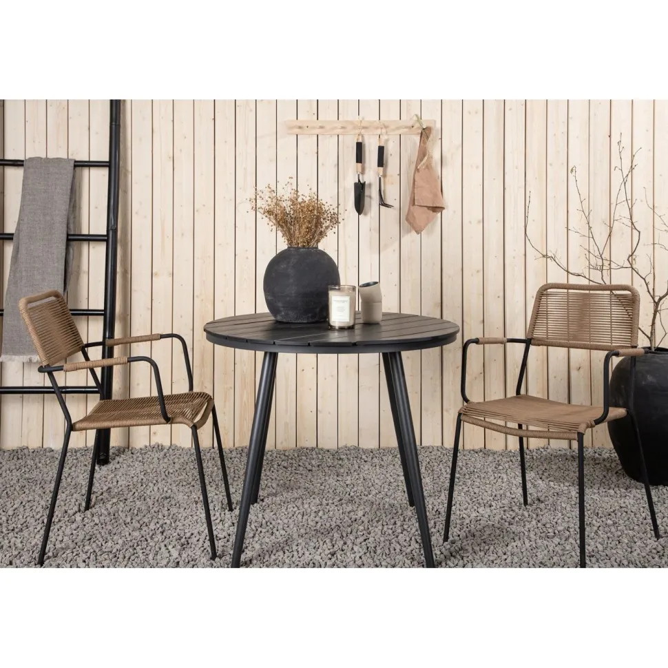 Parvekeryhmä Venture Home, ø90cm, musta Break-pöytä + 2 ruskeaa Lindos-tuolia, käsinojilla