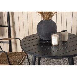 Parvekeryhmä Venture Home, ø90cm, musta Break-pöytä + 2 ruskeaa Lindos-tuolia, käsinojilla