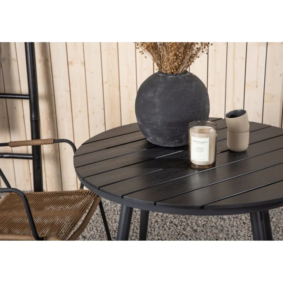Parvekeryhmä Venture Home, ø90cm, musta Break-pöytä + 2 ruskeaa Lindos-tuolia, käsinojilla