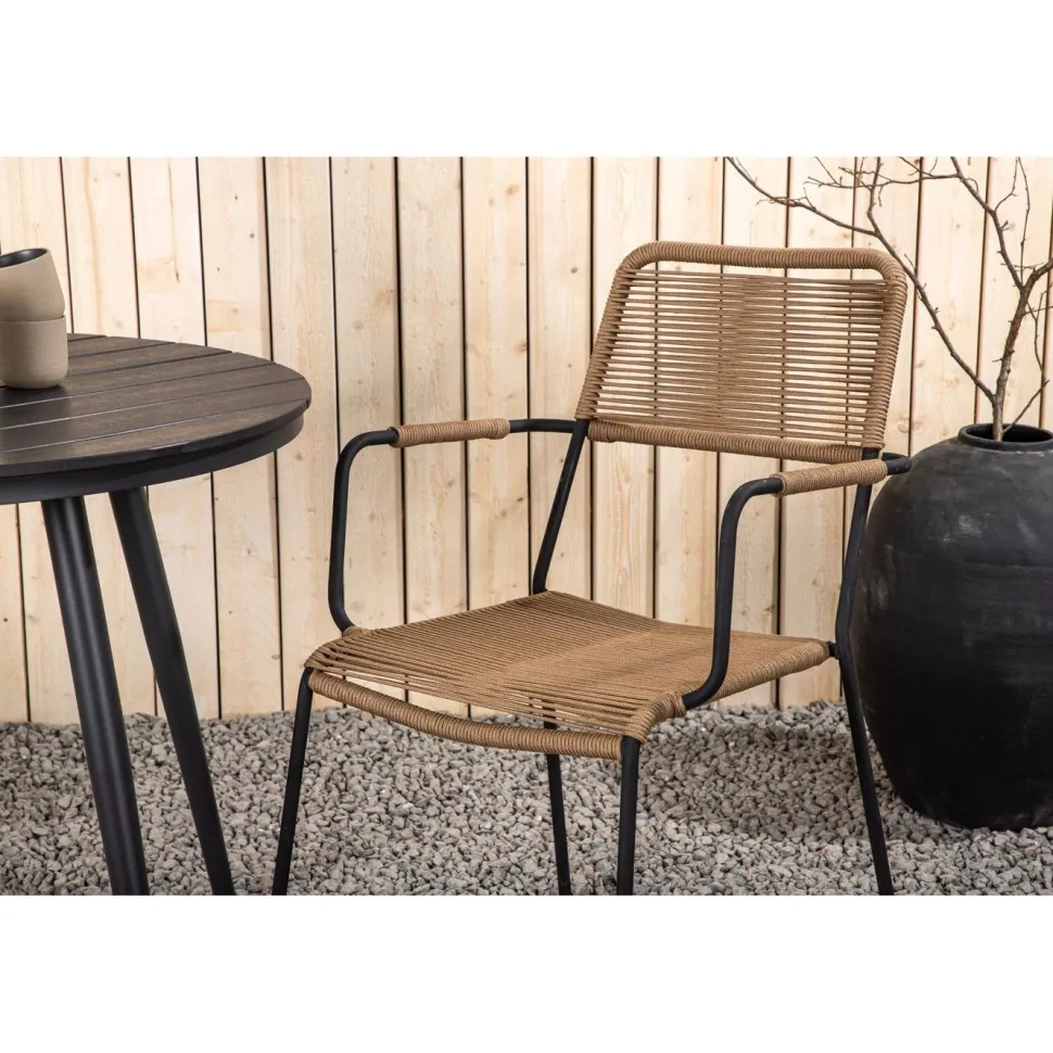 Parvekeryhmä Venture Home, ø90cm, musta Break-pöytä + 2 ruskeaa Lindos-tuolia, käsinojilla