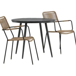 Parvekeryhmä Venture Home, ø90cm, musta Break-pöytä + 2 ruskeaa Lindos-tuolia, käsinojilla
