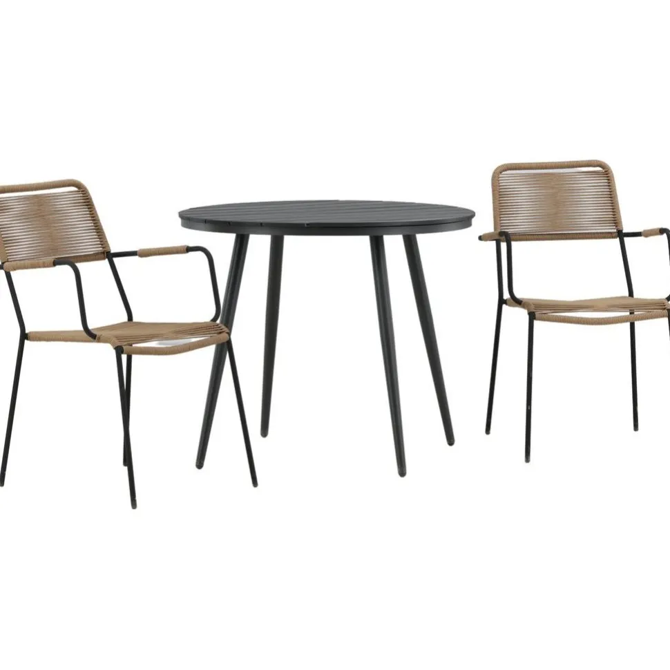 Parvekeryhmä Venture Home, ø90cm, musta Break-pöytä + 2 ruskeaa Lindos-tuolia, käsinojilla