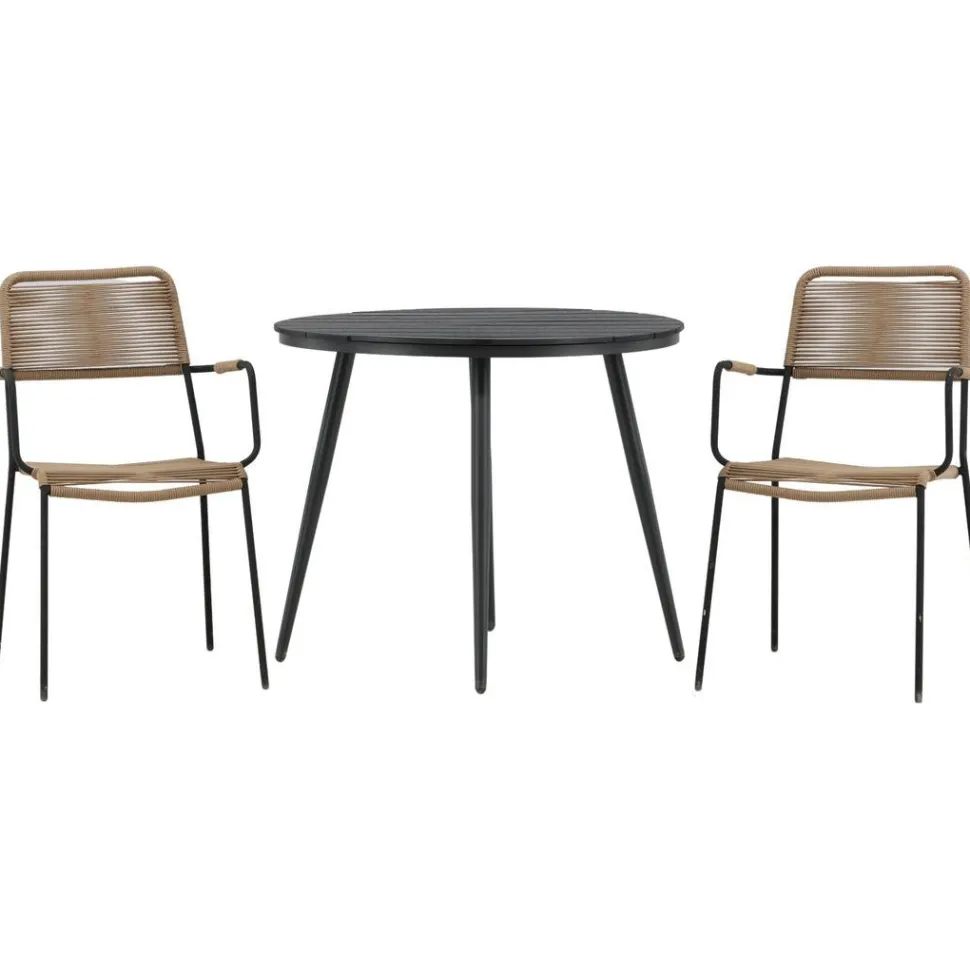 Parvekeryhmä Venture Home, ø90cm, musta Break-pöytä + 2 ruskeaa Lindos-tuolia, käsinojilla