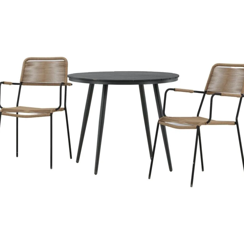 Parvekeryhmä Venture Home, ø90cm, musta Break-pöytä + 2 ruskeaa Lindos-tuolia, käsinojilla
