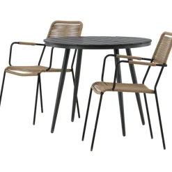Parvekeryhmä Venture Home, ø90cm, musta Break-pöytä + 2 ruskeaa Lindos-tuolia, käsinojilla