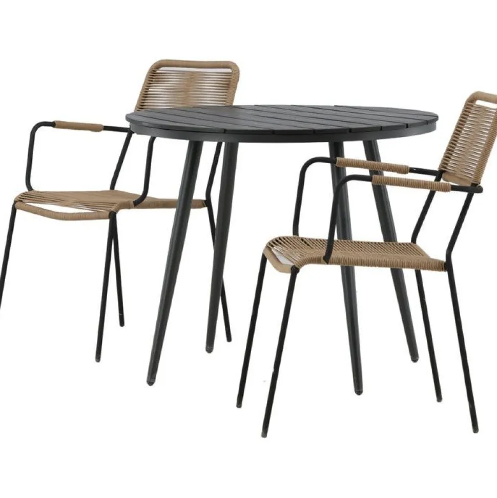 Parvekeryhmä Venture Home, ø90cm, musta Break-pöytä + 2 ruskeaa Lindos-tuolia, käsinojilla