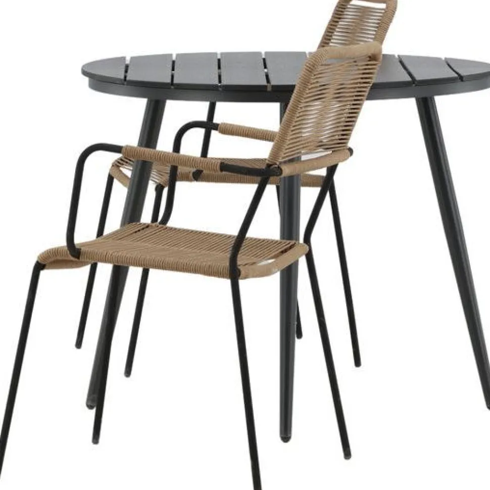 Parvekeryhmä Venture Home, ø90cm, musta Break-pöytä + 2 ruskeaa Lindos-tuolia, käsinojilla