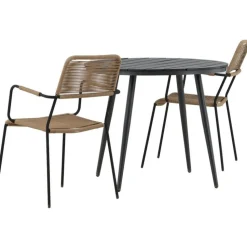 Parvekeryhmä Venture Home, ø90cm, musta Break-pöytä + 2 ruskeaa Lindos-tuolia, käsinojilla