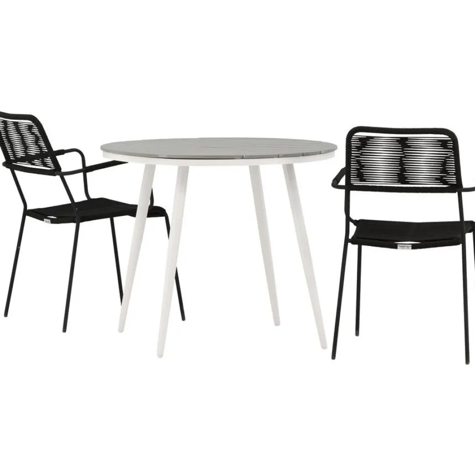 Parvekeryhmä Venture Home, ø90cm, musta Break-pöytä + 2 ruskeaa Lindos-tuolia, käsinojilla