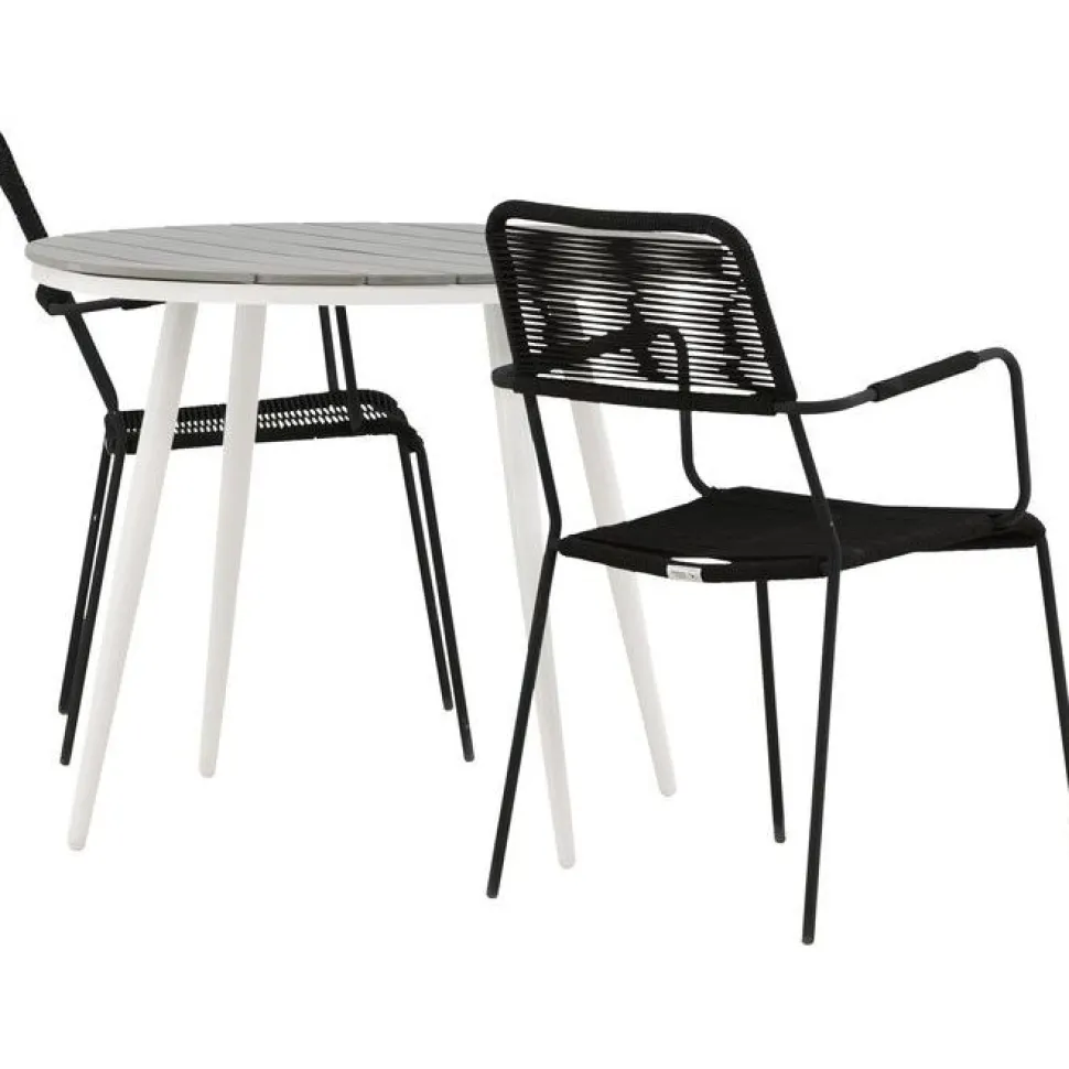 Parvekeryhmä Venture Home, ø90cm, musta Break-pöytä + 2 ruskeaa Lindos-tuolia, käsinojilla