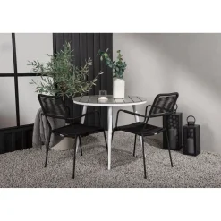 Parvekeryhmä Venture Home, ø90cm, musta Break-pöytä + 2 ruskeaa Lindos-tuolia, käsinojilla