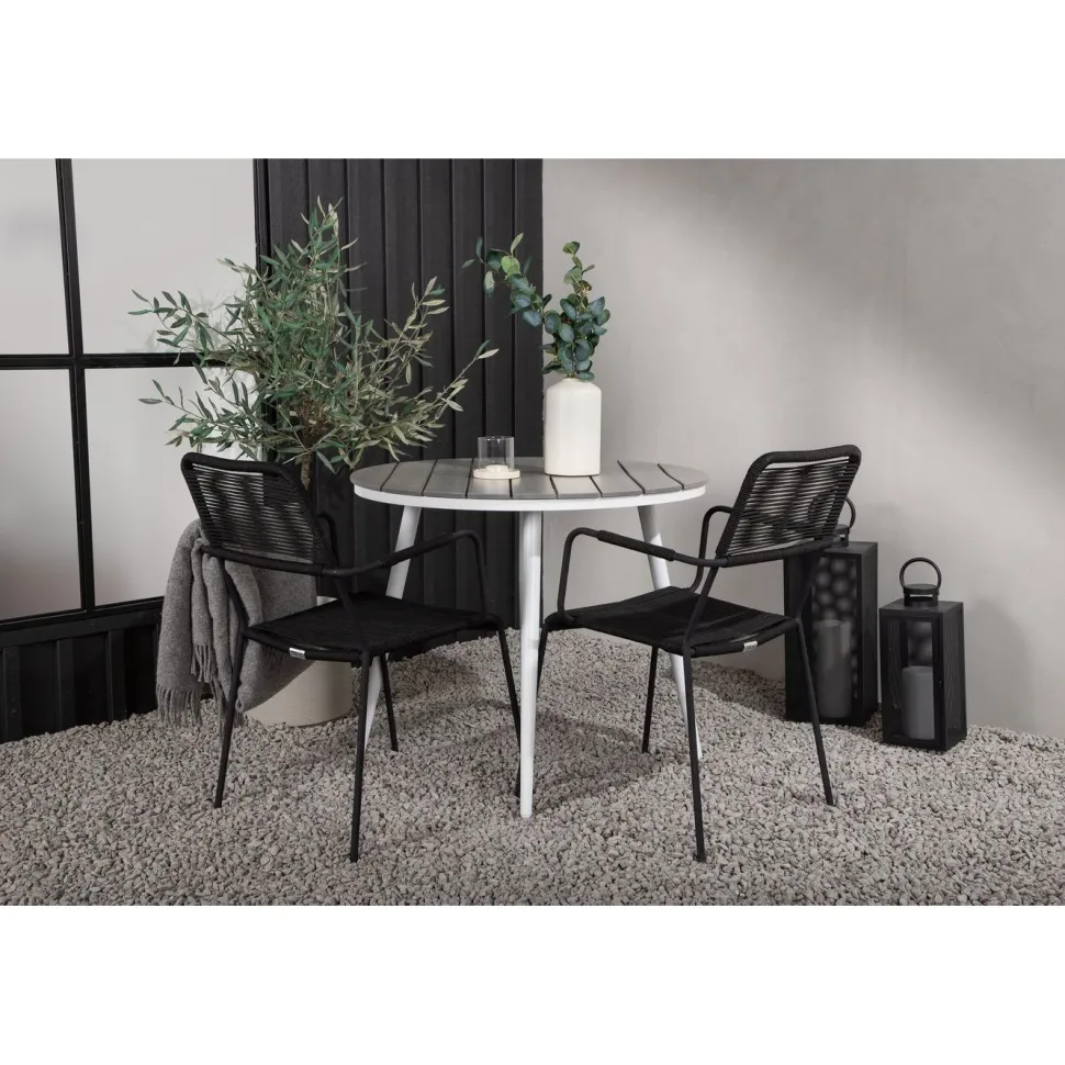 Parvekeryhmä Venture Home, ø90cm, musta Break-pöytä + 2 ruskeaa Lindos-tuolia, käsinojilla