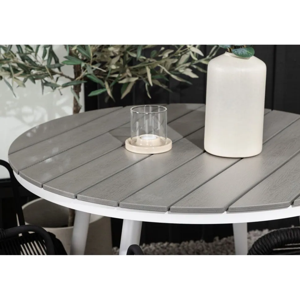 Parvekeryhmä Venture Home, ø90cm, musta Break-pöytä + 2 ruskeaa Lindos-tuolia, käsinojilla