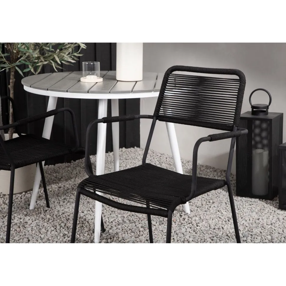 Parvekeryhmä Venture Home, ø90cm, musta Break-pöytä + 2 ruskeaa Lindos-tuolia, käsinojilla