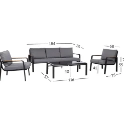 Puutarhakalustesetti Home4You LONA pöytä, sohva ja 2 tuolia, harmaa/musta
