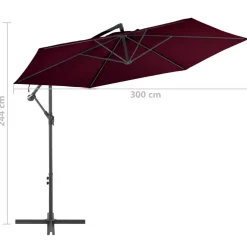 Riippuva aurinkovarjo alumiinipylväällä 300 cm viininpunainen