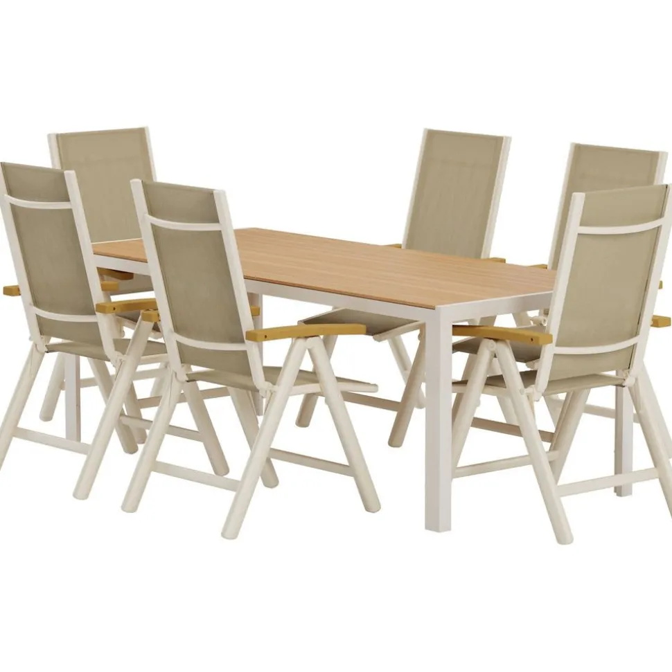 Ruokailuryhmä ulos Venture Home, beige Break-pöytä 205x90cm + 6 beigeä Panama-tuolia