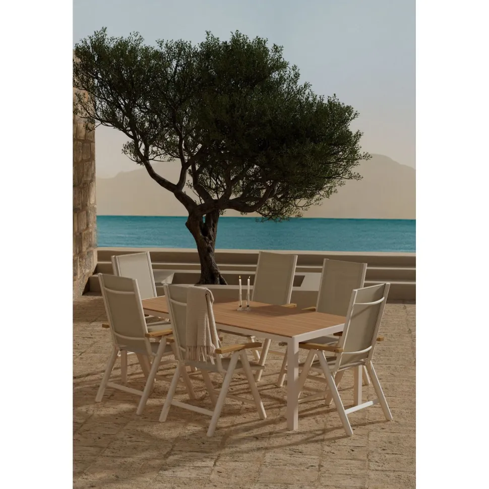Ruokailuryhmä ulos Venture Home, beige Break-pöytä 205x90cm + 6 beigeä Panama-tuolia