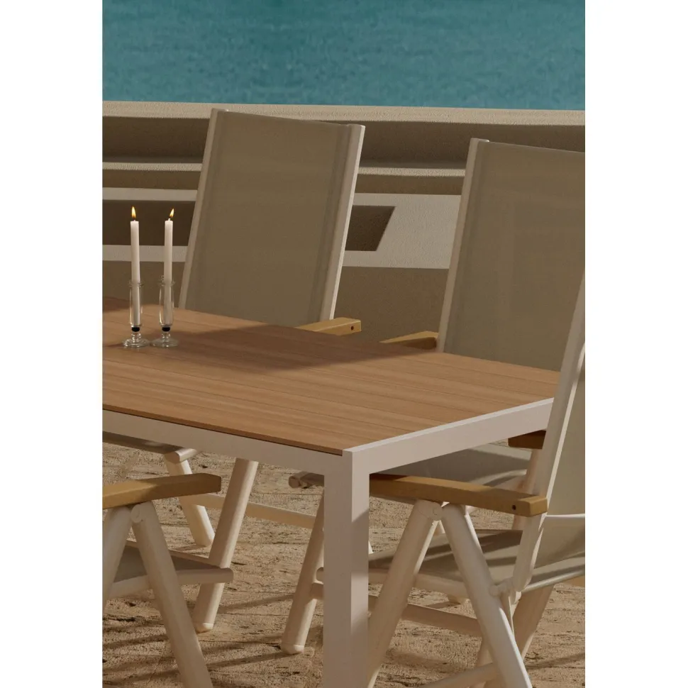 Ruokailuryhmä ulos Venture Home, beige Break-pöytä 205x90cm + 6 beigeä Panama-tuolia