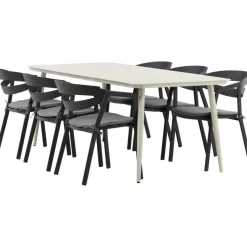 Ruokailuryhmä ulos Venture Home, beige Lina-pöytä 200x90cm + 6 mustaa Slit-tuolia