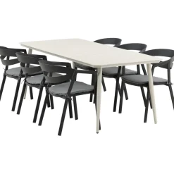 Ruokailuryhmä ulos Venture Home, beige Lina-pöytä 200x90cm + 6 mustaa Slit-tuolia