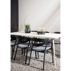 Ruokailuryhmä ulos Venture Home, beige Lina-pöytä 200x90cm + 6 mustaa Slit-tuolia