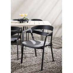 Ruokailuryhmä ulos Venture Home, beige Lina-pöytä 200x90cm + 6 mustaa Slit-tuolia