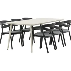 Ruokailuryhmä ulos Venture Home, beige Lina-pöytä 200x90cm + 6 mustaa Slit-tuolia