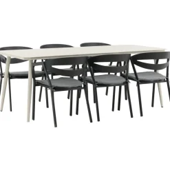 Ruokailuryhmä ulos Venture Home, beige Lina-pöytä 200x90cm + 6 mustaa Slit-tuolia