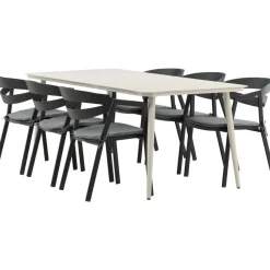 Ruokailuryhmä ulos Venture Home, beige Lina-pöytä 200x90cm + 6 mustaa Slit-tuolia