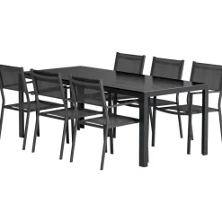 Ruokailuryhmä ulos Venture Home, musta Break-pöytä 205x90cm + 6 mustaa Copacabana-tuolia