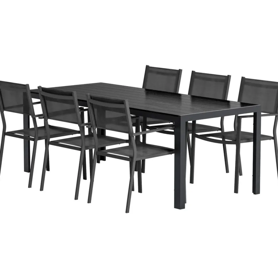 Ruokailuryhmä ulos Venture Home, musta Break-pöytä 205x90cm + 6 mustaa Copacabana-tuolia