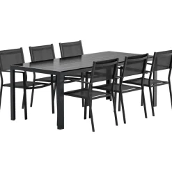 Ruokailuryhmä ulos Venture Home, musta Break-pöytä 205x90cm + 6 mustaa Copacabana-tuolia