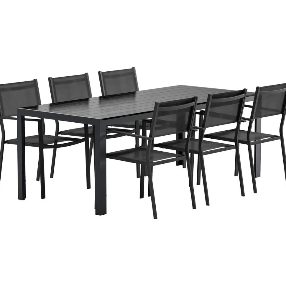 Ruokailuryhmä ulos Venture Home, musta Break-pöytä 205x90cm + 6 mustaa Copacabana-tuolia