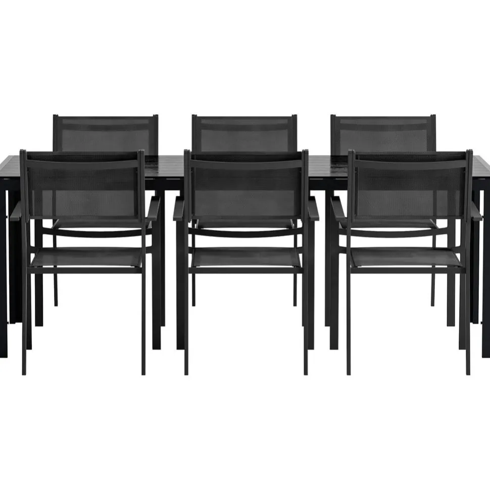 Ruokailuryhmä ulos Venture Home, musta Break-pöytä 205x90cm + 6 mustaa Copacabana-tuolia
