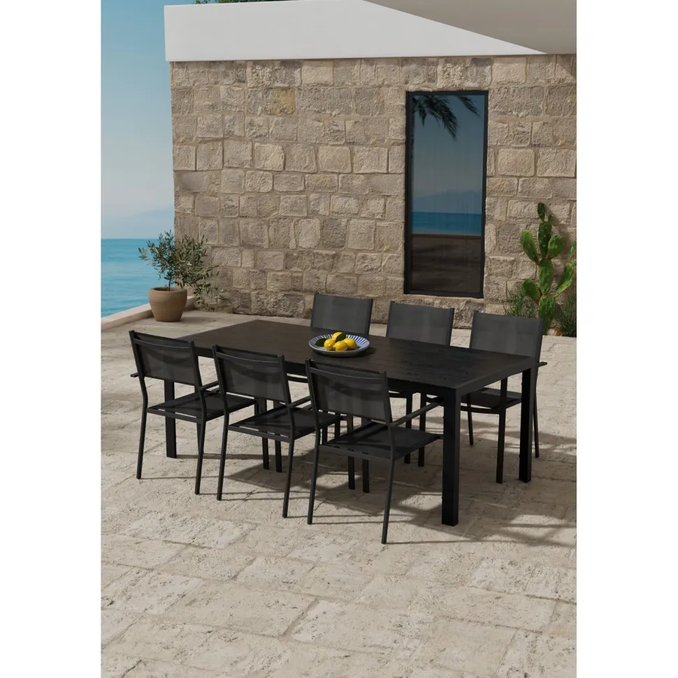 Ruokailuryhmä ulos Venture Home, musta Break-pöytä 205x90cm + 6 mustaa Copacabana-tuolia