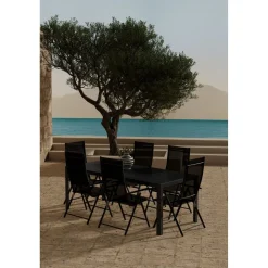 Ruokailuryhmä ulos Venture Home, musta Break-pöytä 205x90cm + 6 mustaa Levanzo-tuolia