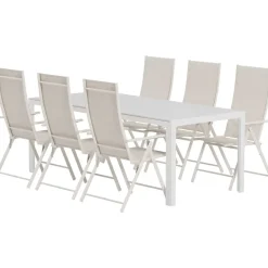 Ruokailuryhmä ulos Venture Home, valkoinen Break-pöytä 205x90cm + 6 beigeä Levanzo-tuolia