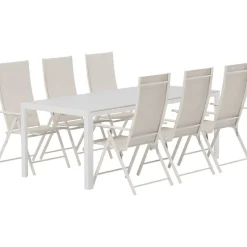 Ruokailuryhmä ulos Venture Home, valkoinen Break-pöytä 205x90cm + 6 beigeä Levanzo-tuolia