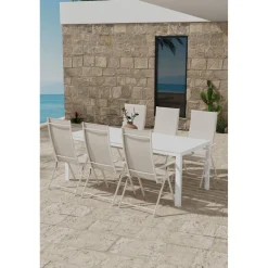 Ruokailuryhmä ulos Venture Home, valkoinen Break-pöytä 205x90cm + 6 beigeä Levanzo-tuolia
