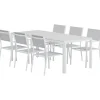 Ruokailuryhmä ulos Venture Home, valkoinen Break-pöytä 205x90cm + 6 harmaata Copacabana-tuolia