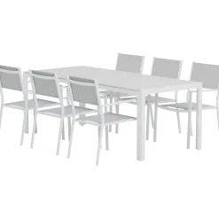 Ruokailuryhmä ulos Venture Home, valkoinen Break-pöytä 205x90cm + 6 harmaata Copacabana-tuolia
