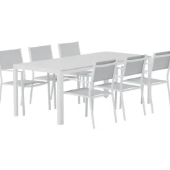Ruokailuryhmä ulos Venture Home, valkoinen Break-pöytä 205x90cm + 6 harmaata Copacabana-tuolia