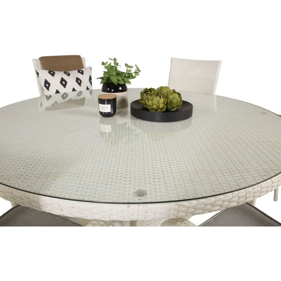 Ruokailuryhmä Venture Home, ø150cm valkoinen Volta-pöytä + 6 valkoista, pinottavaa Anna-tuolia