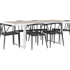 Ruokailuryhmä Venture Home, 200x90cm, beige/valkoinen Merlo-pöytä + 6 mustaa Stina-tuolia