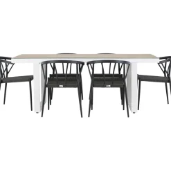 Ruokailuryhmä Venture Home, 200x90cm, beige/valkoinen Merlo-pöytä + 6 mustaa Stina-tuolia